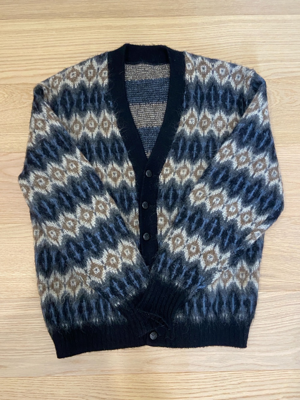 Vintage 1960s Patterned Blue Gold Mohair Cardigan Sweater Size Large Rare